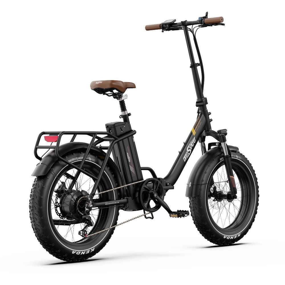 Vélo électrique pliable noir avec selle et guidon marron. Porte-bagages arrière.