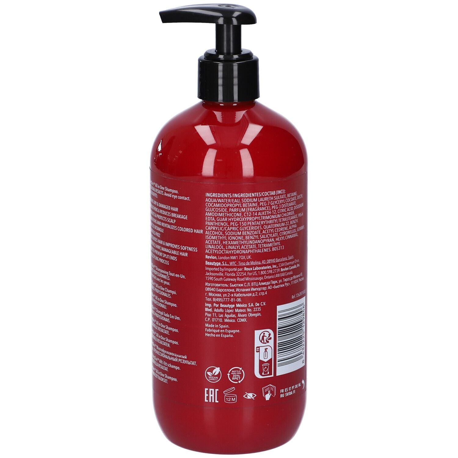 Flacon de shampooing rouge avec pompe noire. Dos avec ingrédients et texte.
