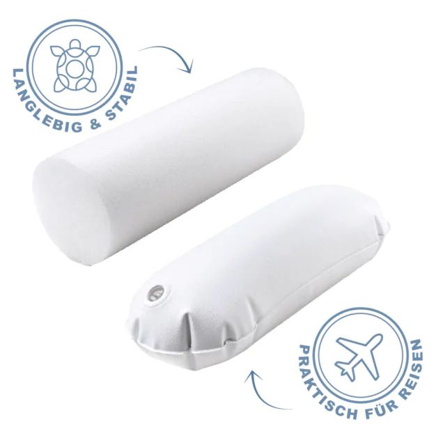 Deux rouleaux blancs. Un cylindrique, un allongé avec valve. Inscription : Pratique pour voyager.