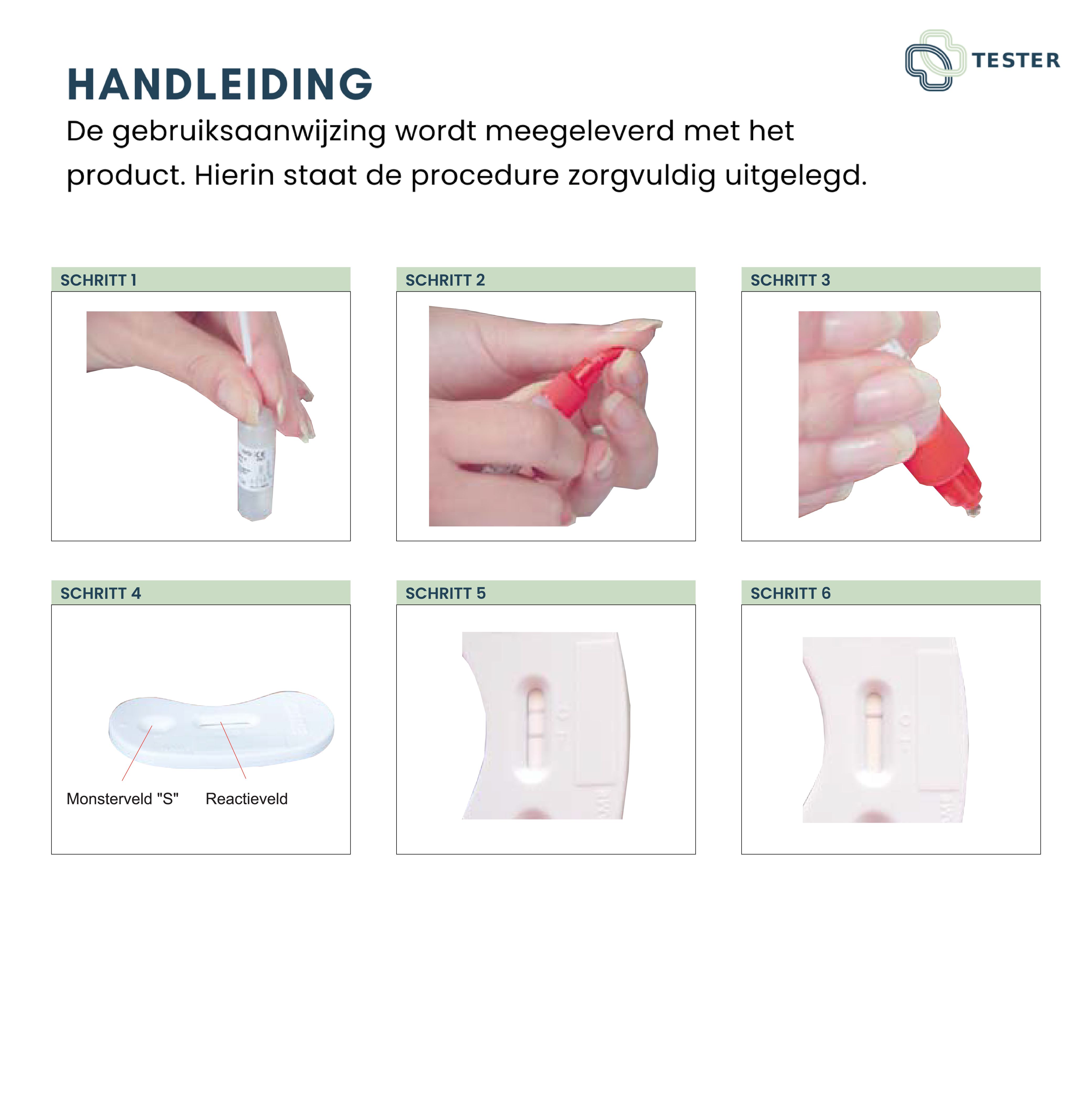 Instructions pour l'utilisation d'un test rapide de la chlamydia. Six étapes avec des images illustrant la procédure de test.