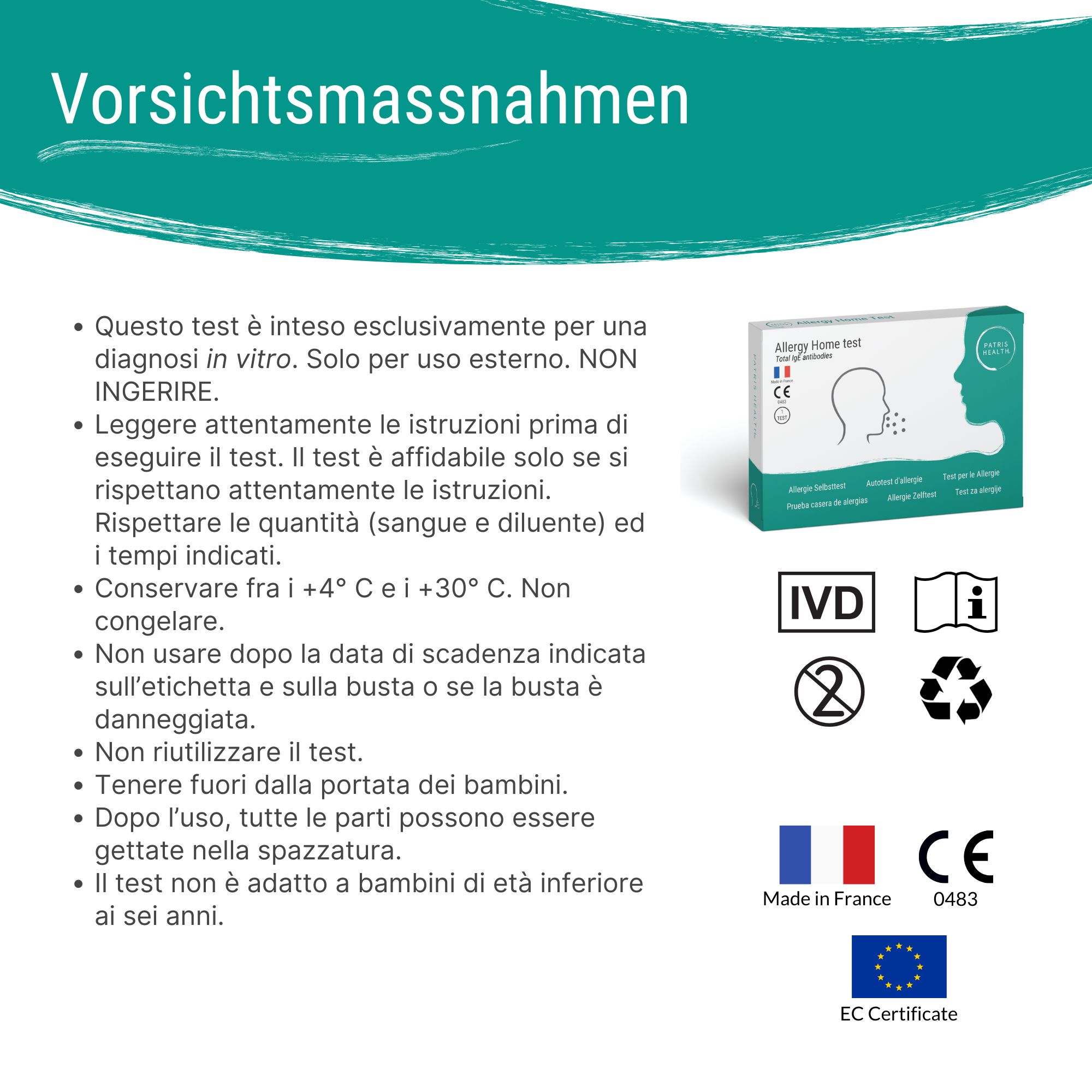 Précautions pour le test d'allergie. Texte et symboles avec des informations importantes.