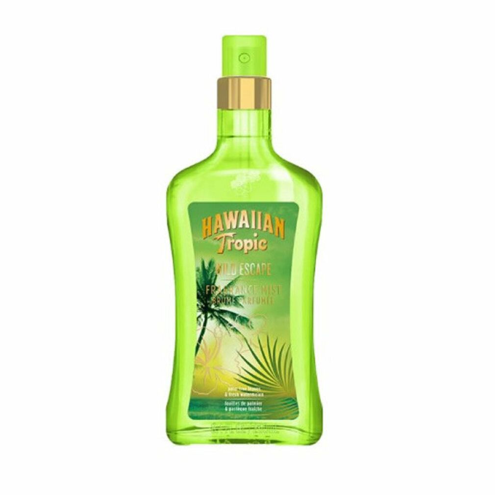 Groene fles met gouden verstuiver. Opschrift: Hawaiian Tropic Wild Escape. Afbeelding van een palmboom.