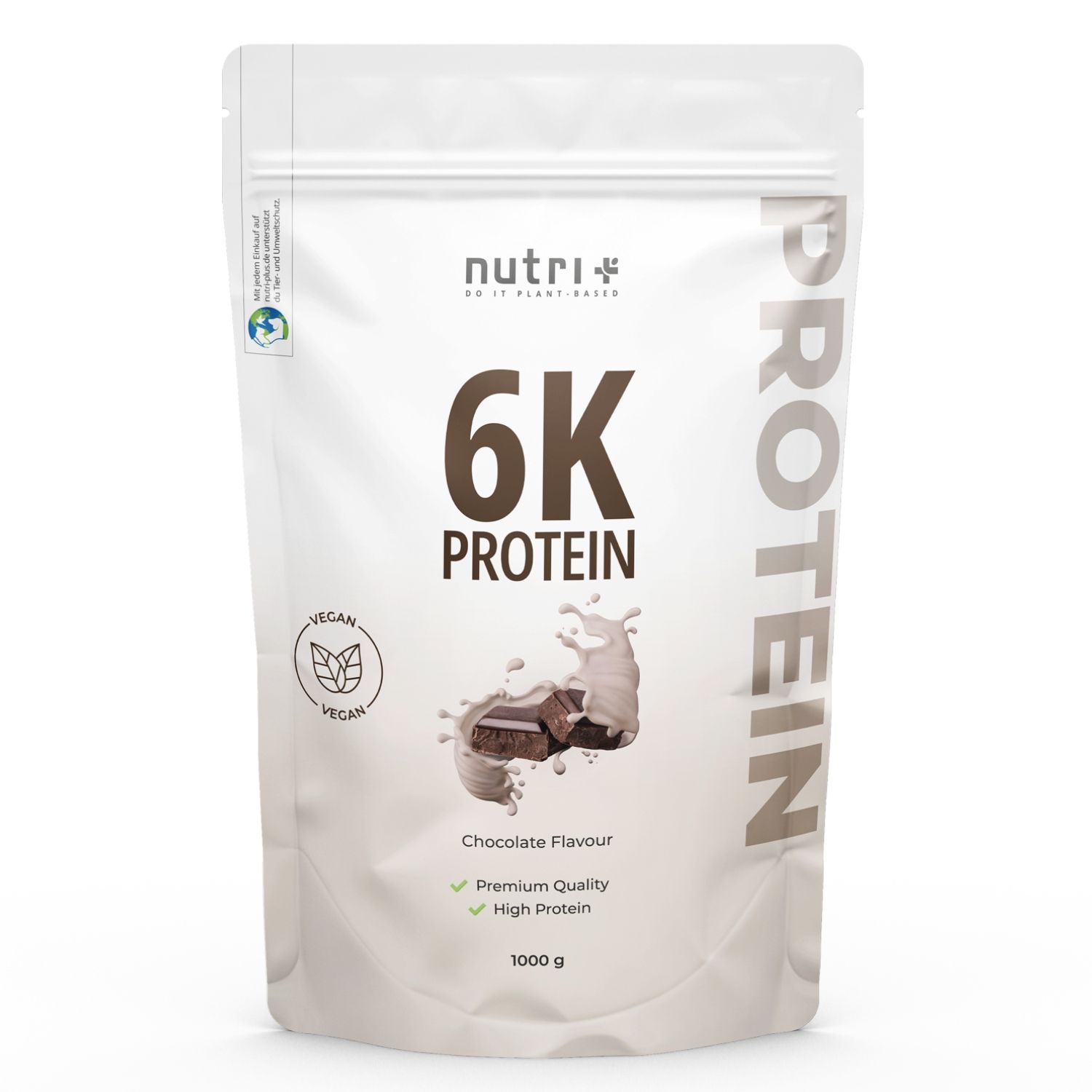 Witte eiwitpoederverpakking met logo en tekst: 6K PROTEIN, Chocolate Flavour, Premium Quality, High Protein, 1000 g. Vegan zegel.