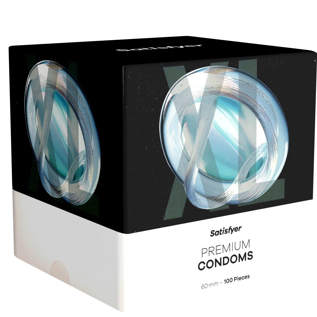 Verpakking van Satisfyer Premium condooms. Zwart deksel met abstract ontwerp, witte basis. Opschrift: PREMIUM CONDOMS, 60 mm - 100 stuks.