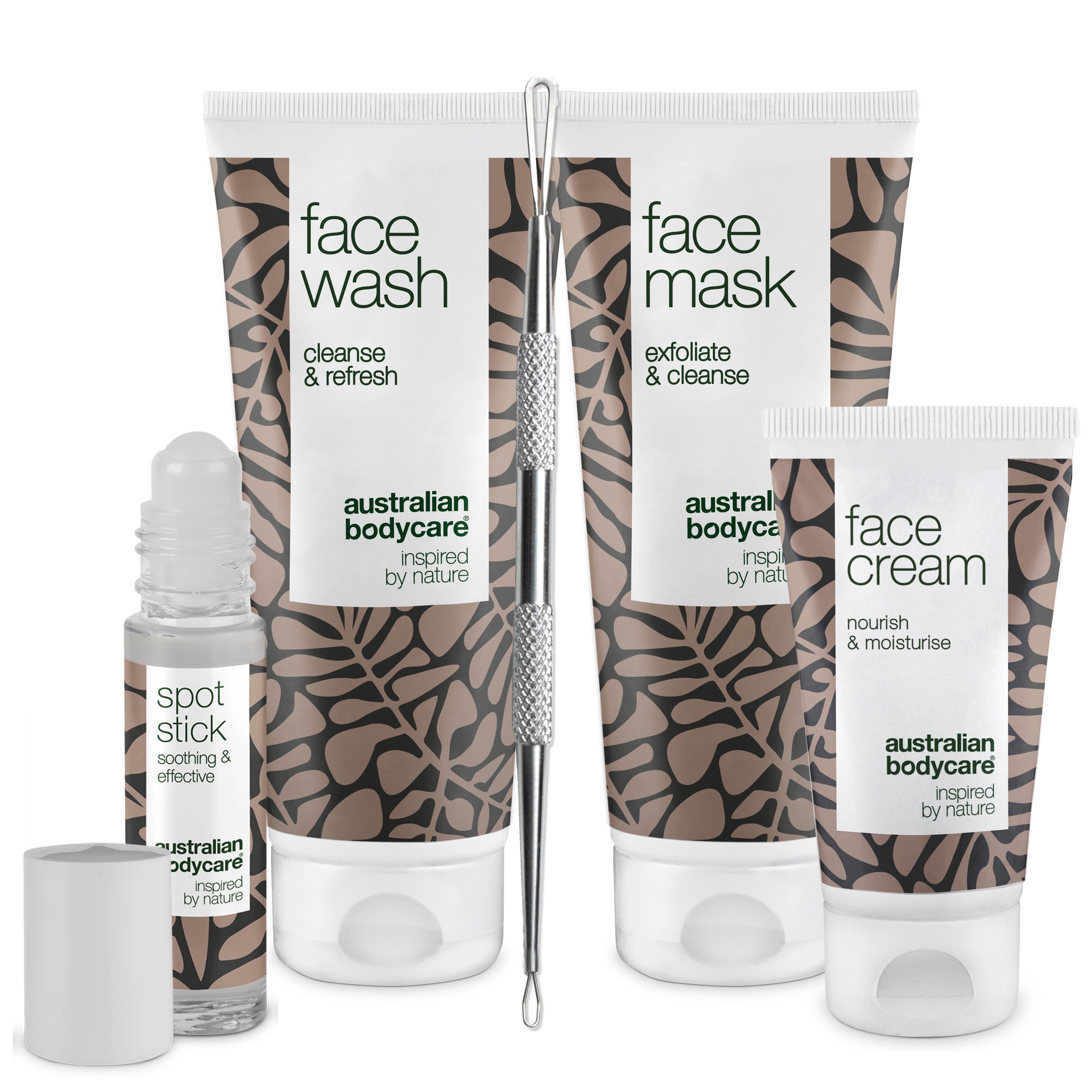 Ensemble de nettoyage, masque, crème, stick anti-imperfections et outil. Design blanc et marron. Texte: Australian Bodycare.