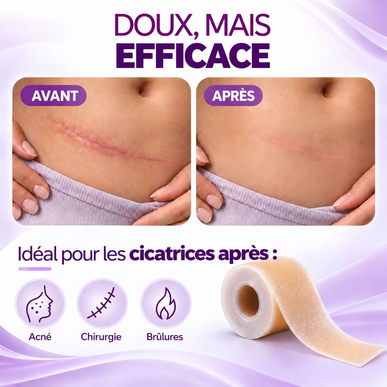 Comparaison avant/après de cicatrices abdominales. Rouleau de pansement Leiqier à côté.