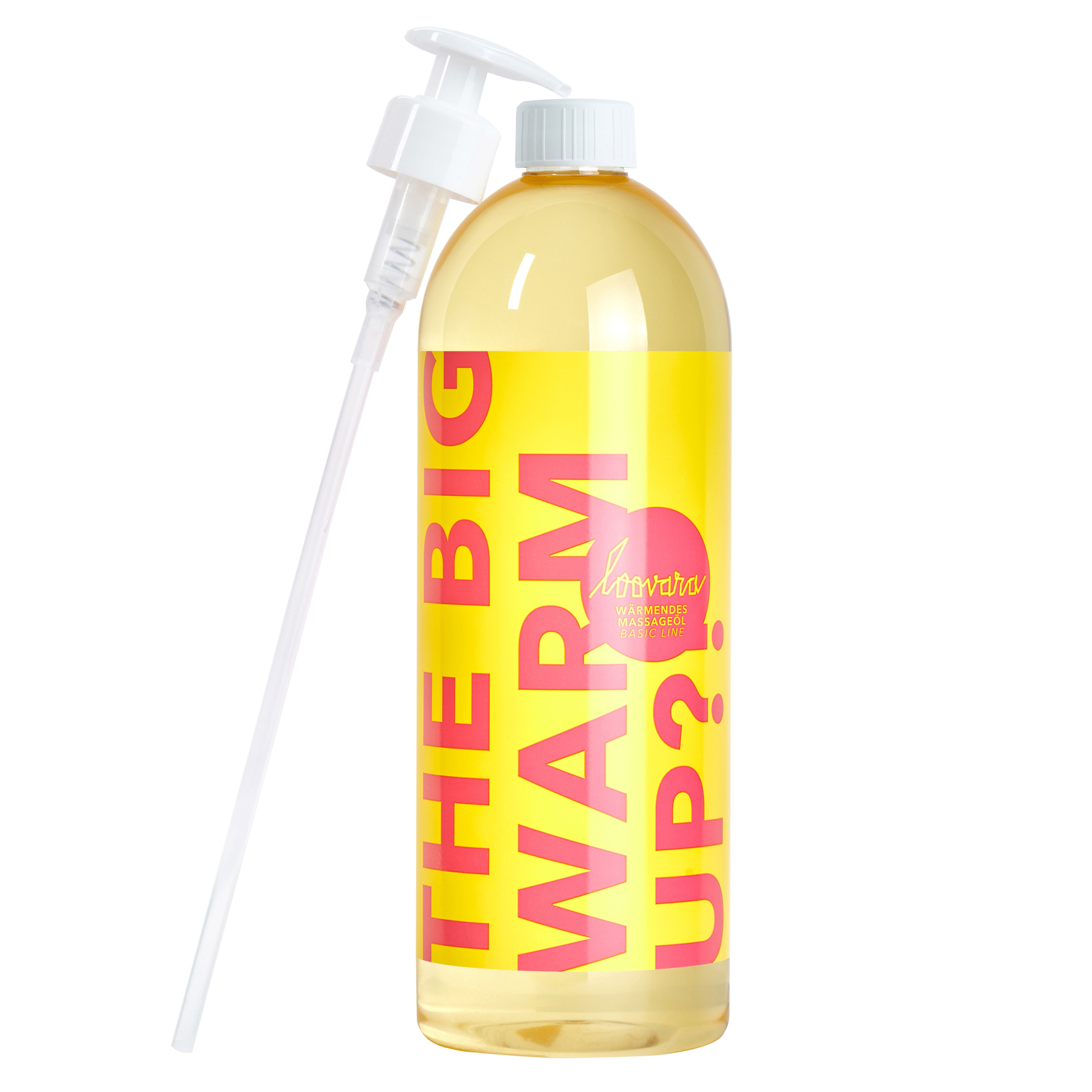 Bouteille d'huile de massage jaune avec distributeur à pompe. Étiquettes jaunes avec texte rose : "THE BIG WARM UP?".