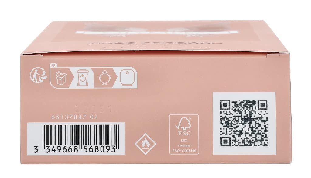 Achterkant van de verpakking. Barcode, QR-code, FSC-logo, pictogrammen. Roze achtergrond.
