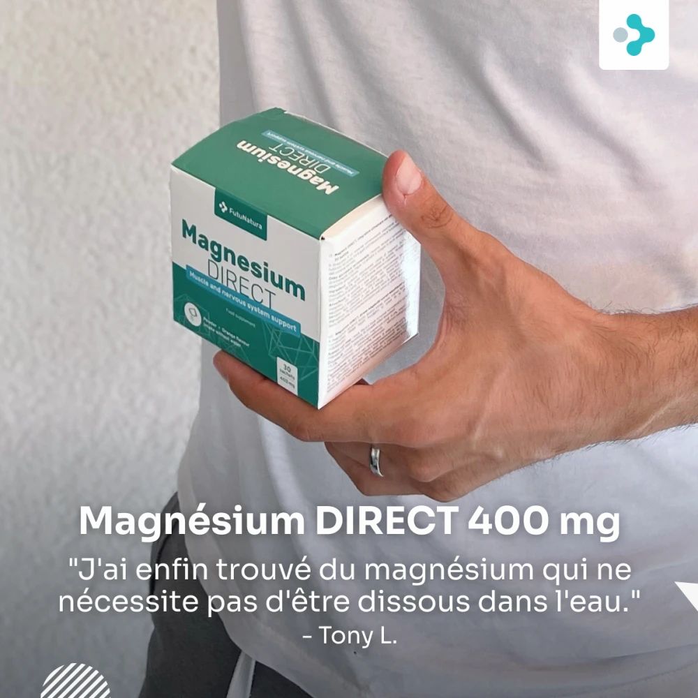 Personne tenant une boîte de Magnesium DIRECT. Inscription Magnesium DIRECT 400 mg.
