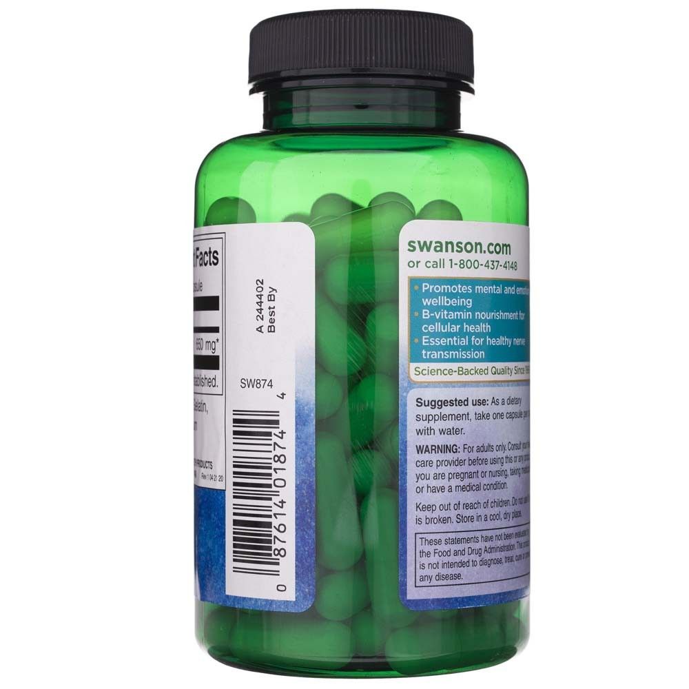Groene fles met groene capsules en witte etiketten. Bevat Swanson.com en barcode.