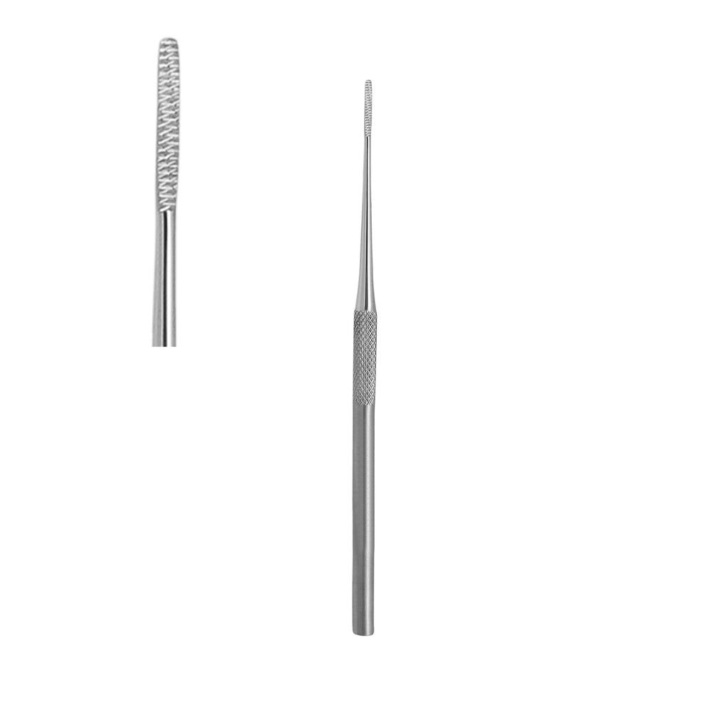 Instrument dentaire, lime d'angle unilatérale. Métal, allongé, avec poignées moletées. Pointe et zone de limage visibles.