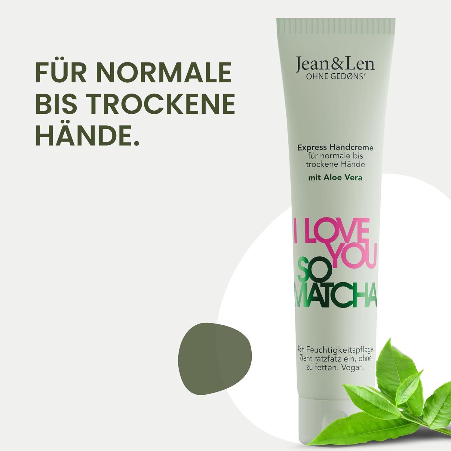 Tube de crème pour les mains avec texte I Love You So Matcha. Pour mains normales à sèches. Vert et rose. Avec Aloe Vera. Feuilles vertes.