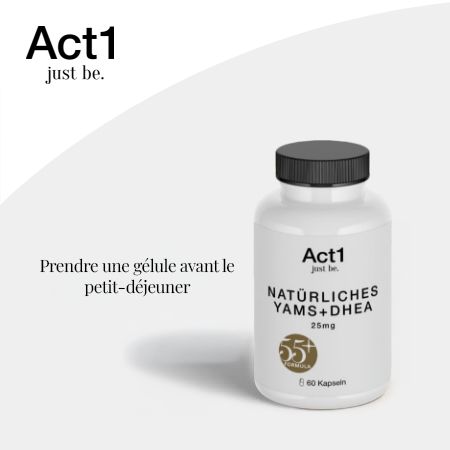 Flacon blanc, bouchon noir. Inscription: Act1 just be. Natürliches Yams+DHEA 25mg. 60 gélules.