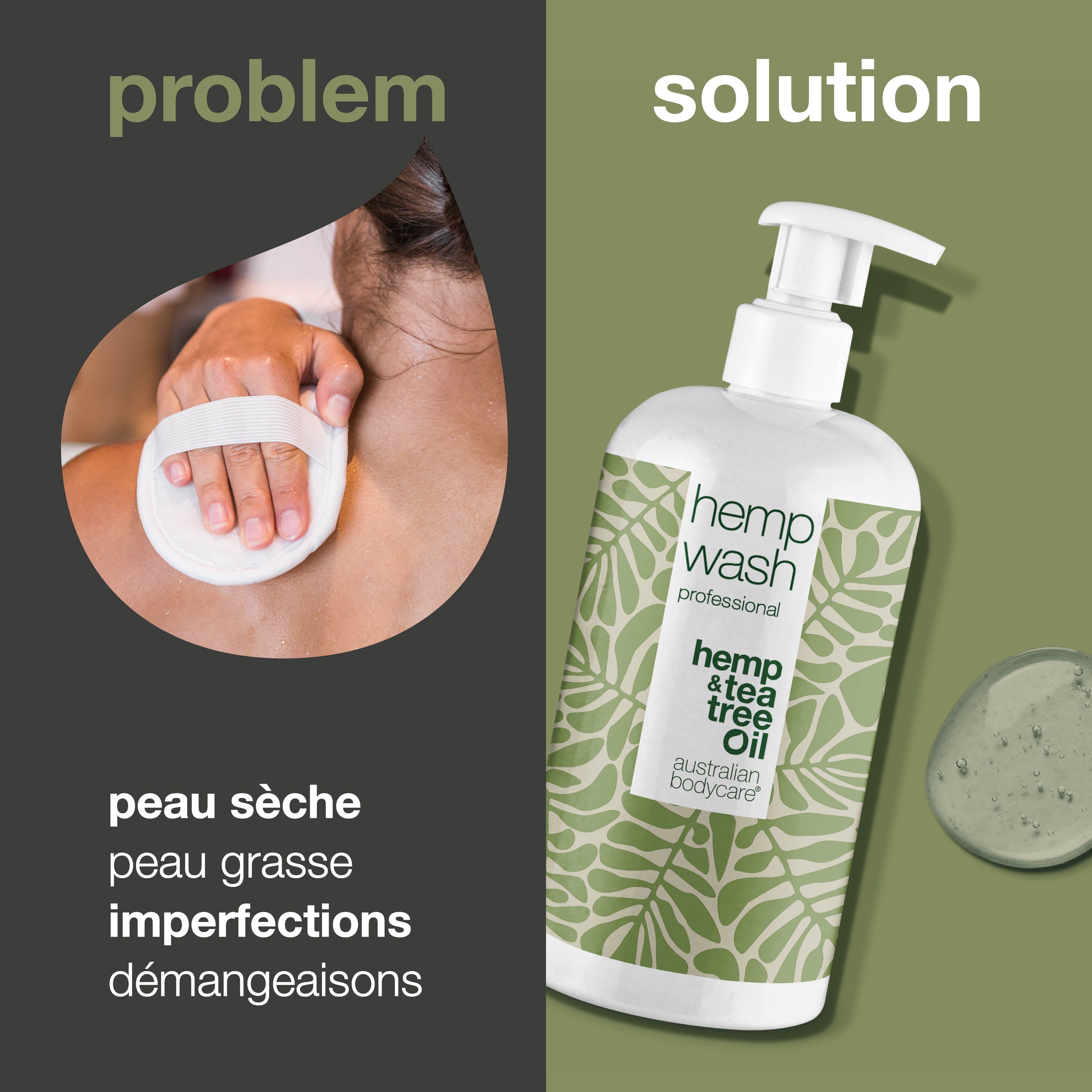Produit à côté du texte: peau sèche, peau grasse, imperfections, démangeaisons. À côté, une personne avec une éponge.