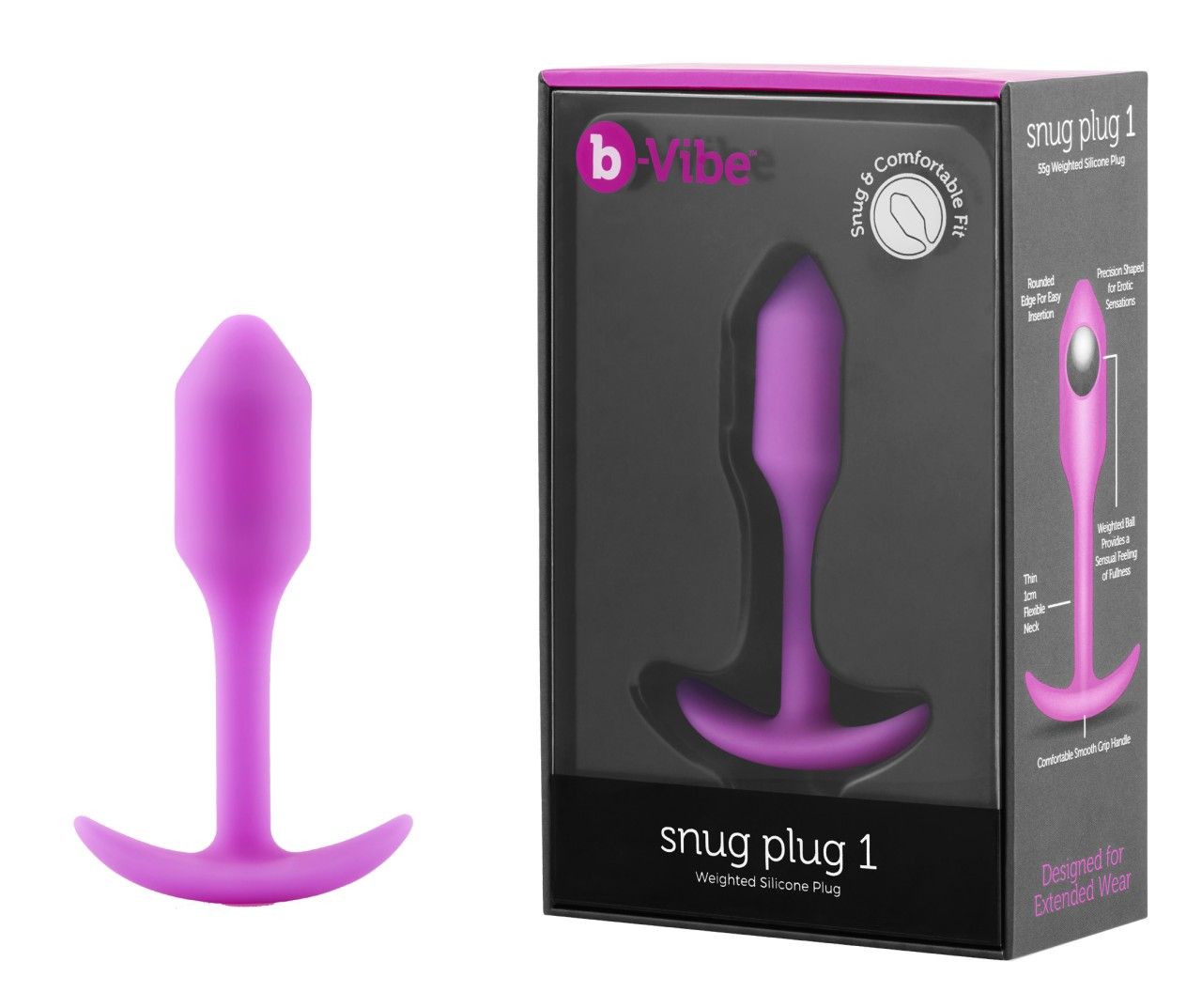 Plug anal violet avec une large base et un poids intégré. À côté, l'emballage.