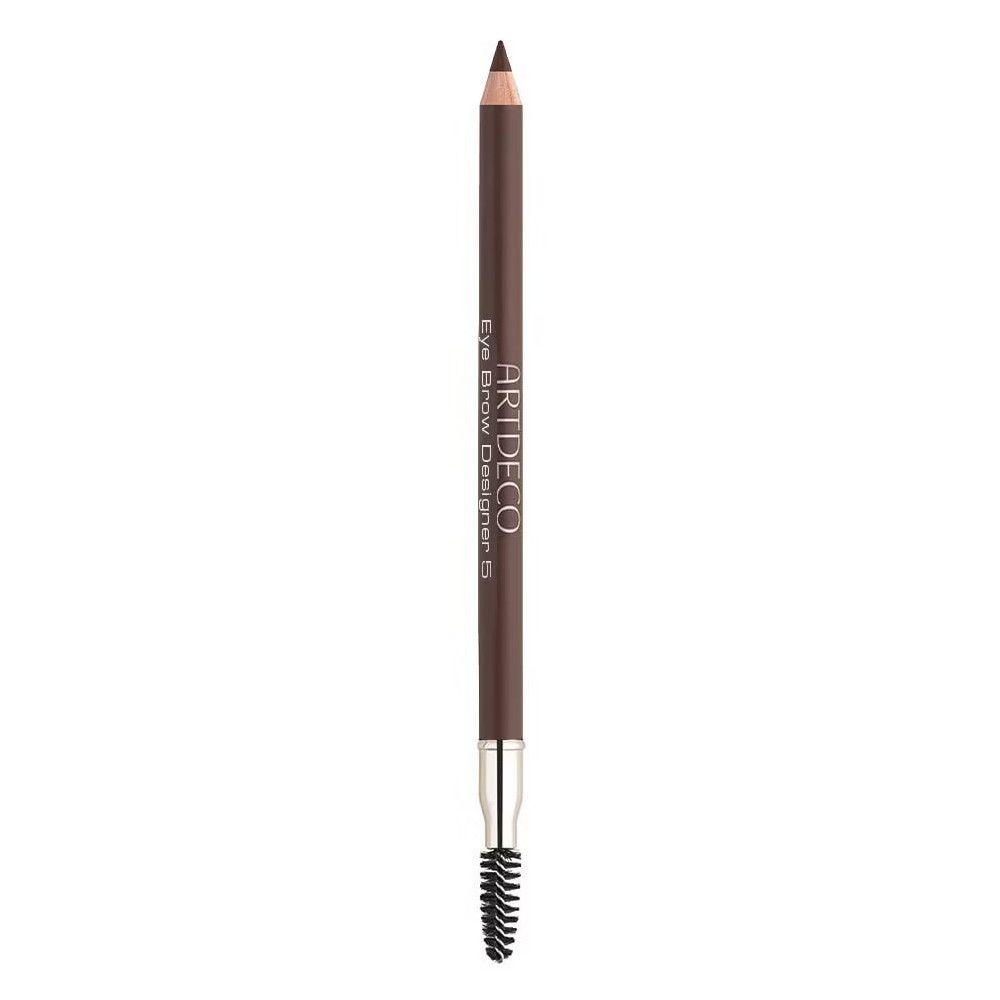 Crayon à sourcils avec brosse. Mine brun foncé, embout argenté, brosse noire. Inscription : ARTDECO Eye Brow Designer.