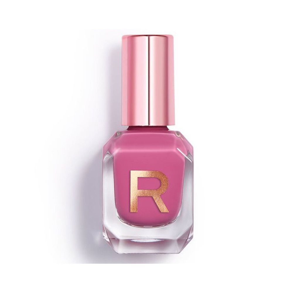 Roze nagellakfles met helder glas en gouden "R"-logo. Applicator ernaast afgebeeld.