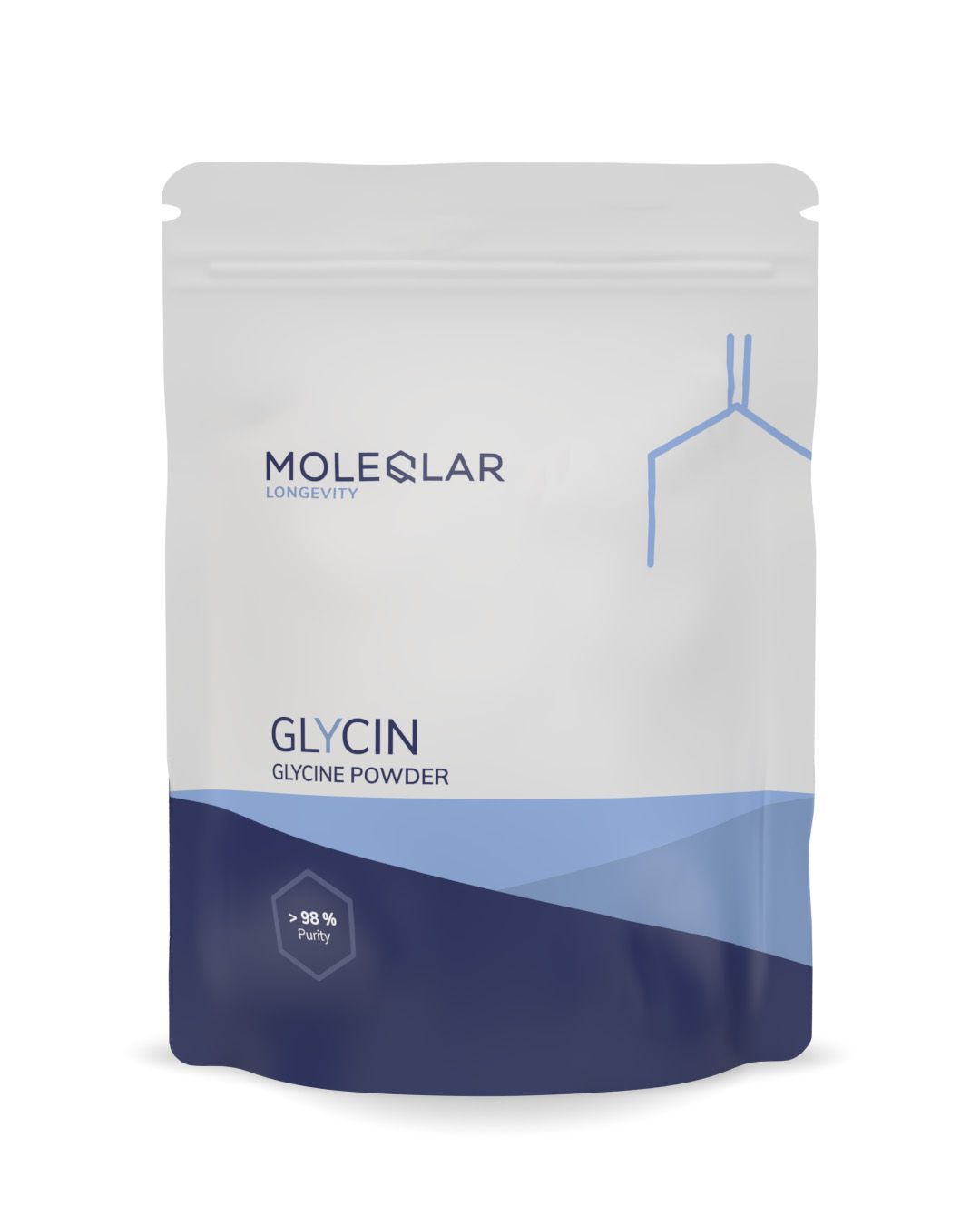 Poudre de Glycine MoleQlar dans un sachet blanc avec des accents bleus. Indique >98% de pureté.