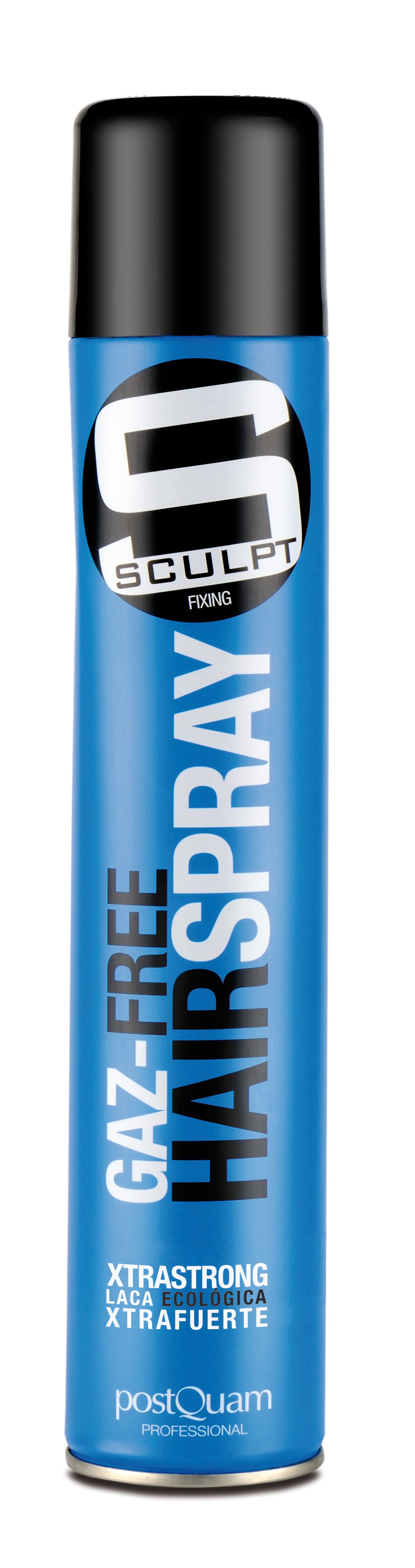 Blauwe haarspraybus met zwarte dop. Opschrift: HAIRSPRAY, SCULPT, XTRASTRONG. Merk: postQuam.