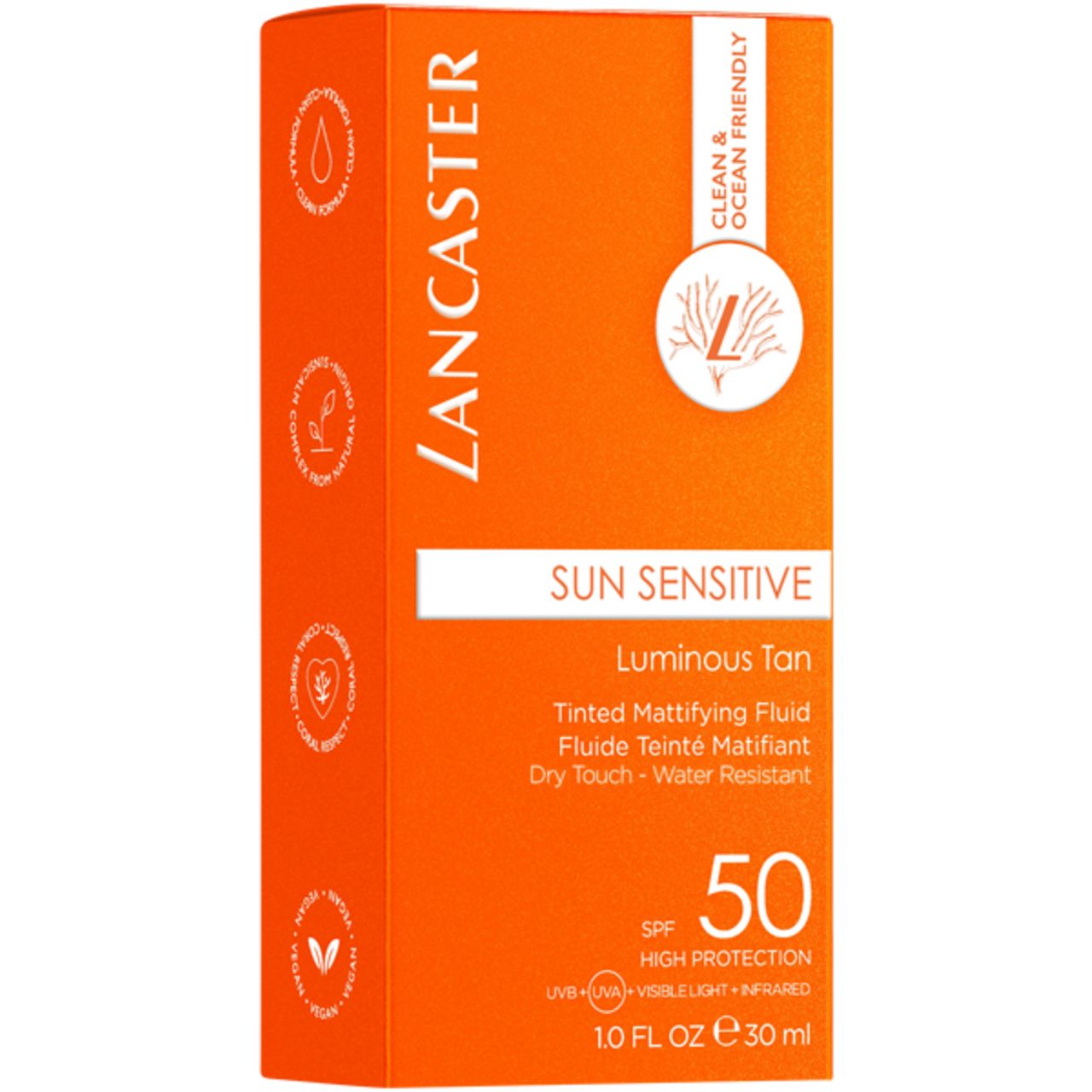 Emballage du fluide teinté matifiant Lancaster Sun Sensitive SPF50.