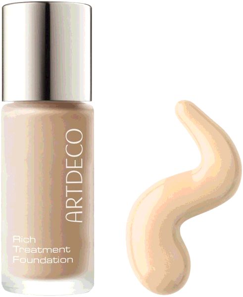 Artdeco Rich Treatment Foundation. Fles en kleurmonster. Fles met zilveren dop, productnaam en tekst.