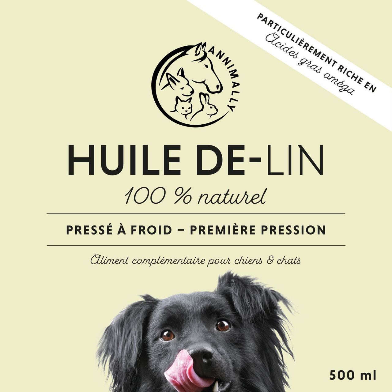 Bouteille d'huile de lin avec étiquette. Contient des acides gras oméga-3 et oméga-6. 500 ml. Pour chiens et chats.