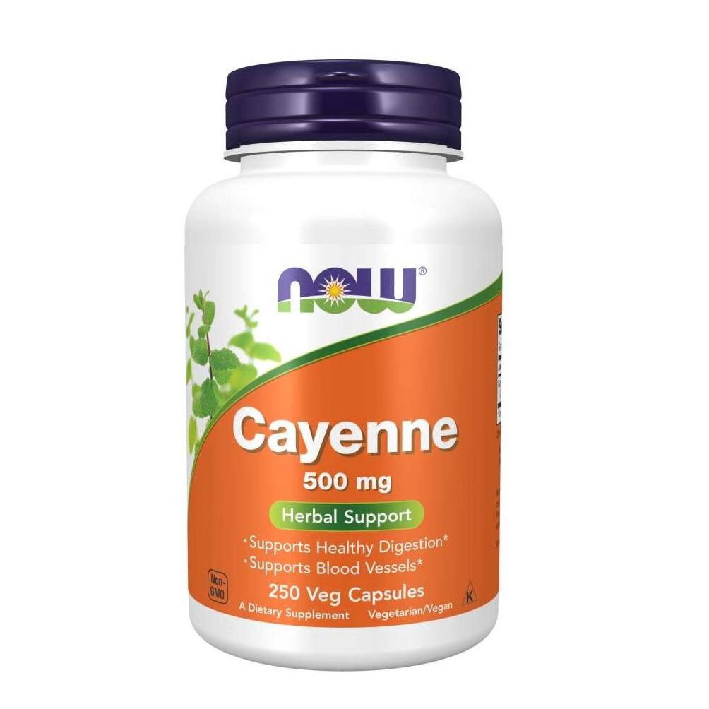 Witte fles met paarse dop. Opschrift: NOW, Cayenne, 500 mg, Herbal Support, 250 Veg Capsules. Voedingssupplement.