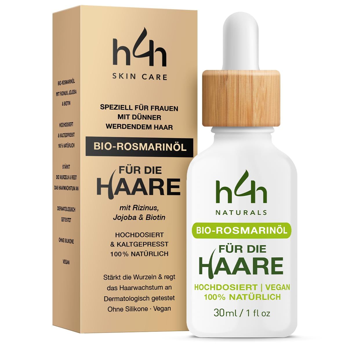 Emballage du produit: flacon avec compte-gouttes et boîte. Texte: Huile de romarin bio pour les cheveux. Logo H4H Naturals.
