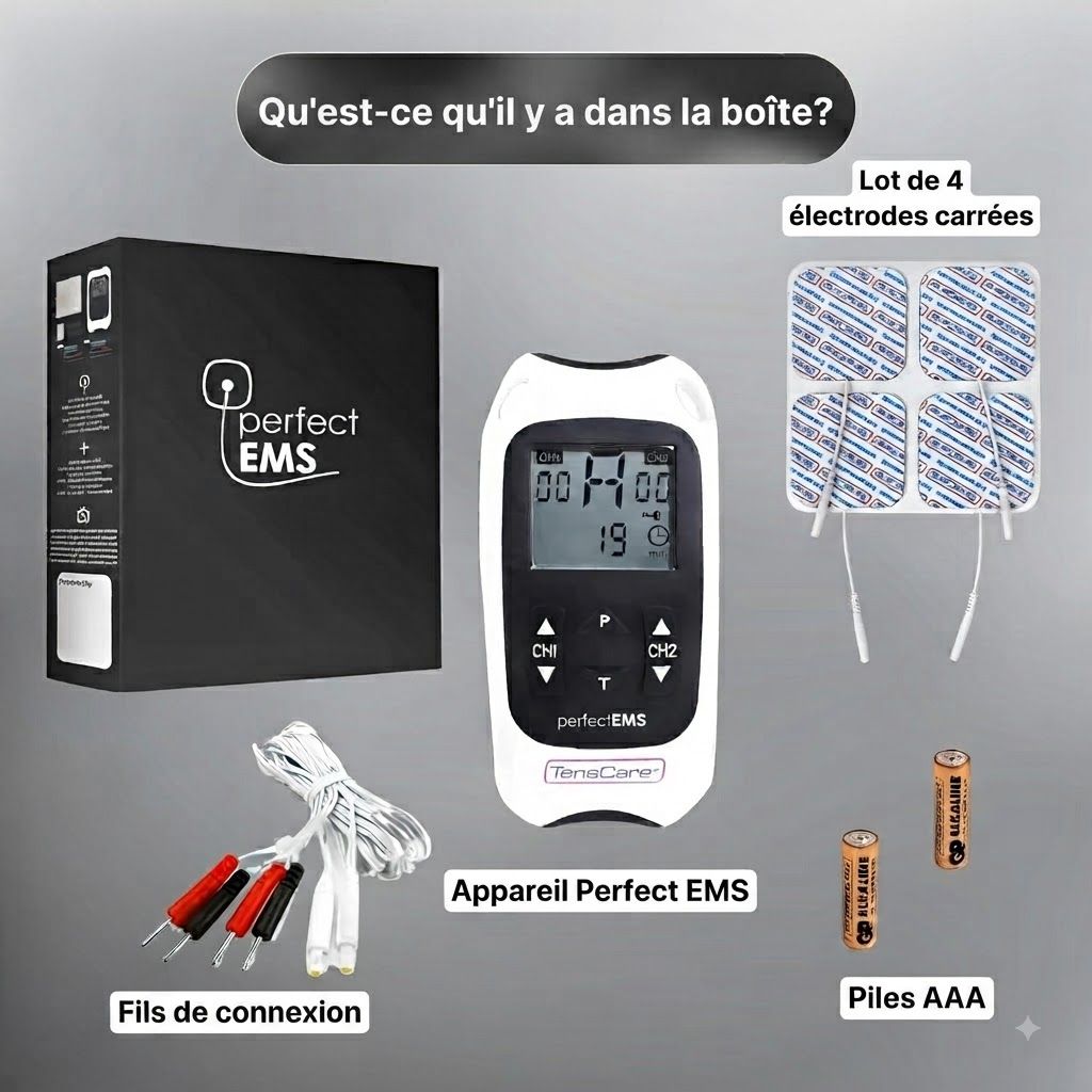 Appareil Perfect EMS avec quatre électrodes carrées, câbles de connexion et piles AAA.