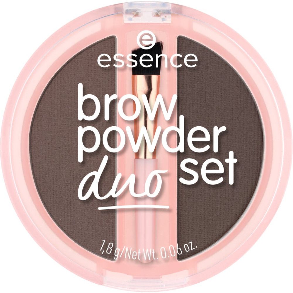 Duo-set poudre à sourcils dans un emballage rose. Pinceau et nom du produit visibles.
