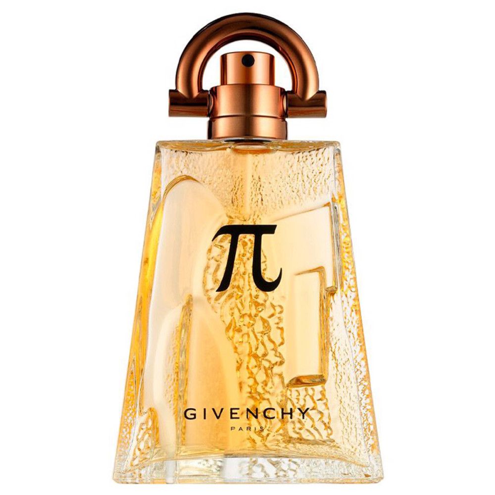 Parfumfles. Gouden dop, Pi-symbool. Givenchy-logo. Geëtst glas.