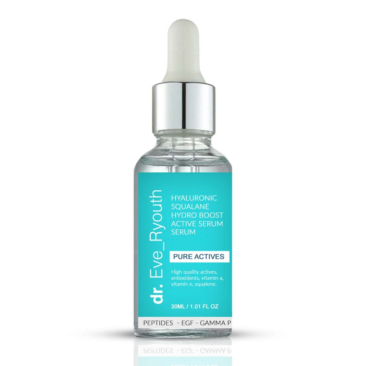 Sérum Dr. Eve Ryouth Acide Hyaluronique Squalane Hydro Boost en flacon verre avec pipette. Contient acide hyaluronique, antioxydants, vitamines A, E, squalane.