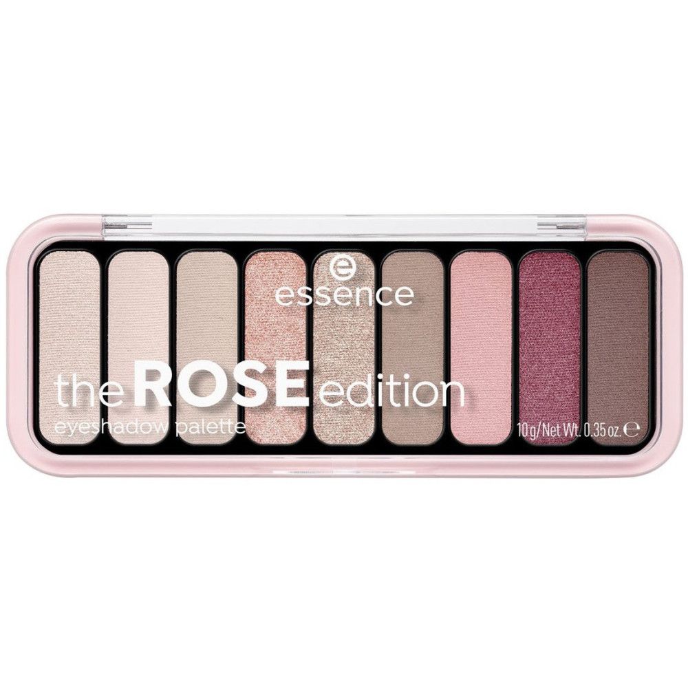 Palette de fards à paupières avec 10 teintes roses et marron. Cadre rose, couvercle transparent. Inscription: the ROSE edition.