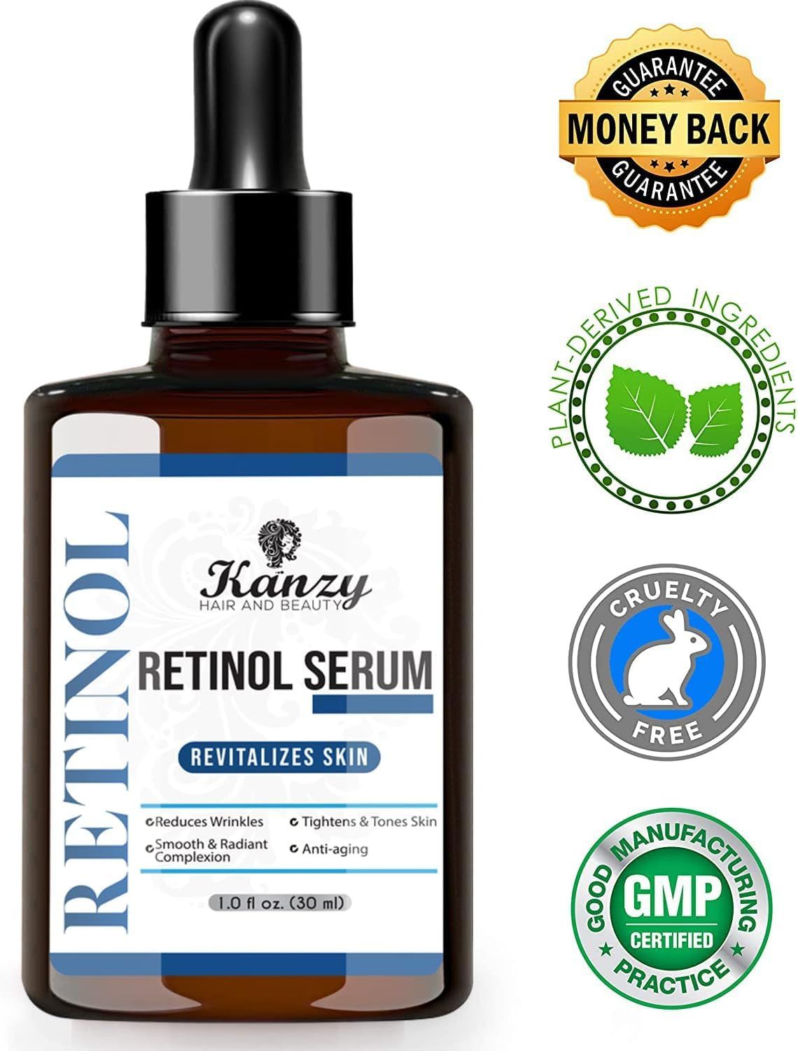 Bruine glazen fles retinol serum. Opschrift: KANZY, Retinol Serum, Revitaliseert de huid. Met druppelaar. Zegels: geld-terug-garantie, dierproefvrij, GMP.