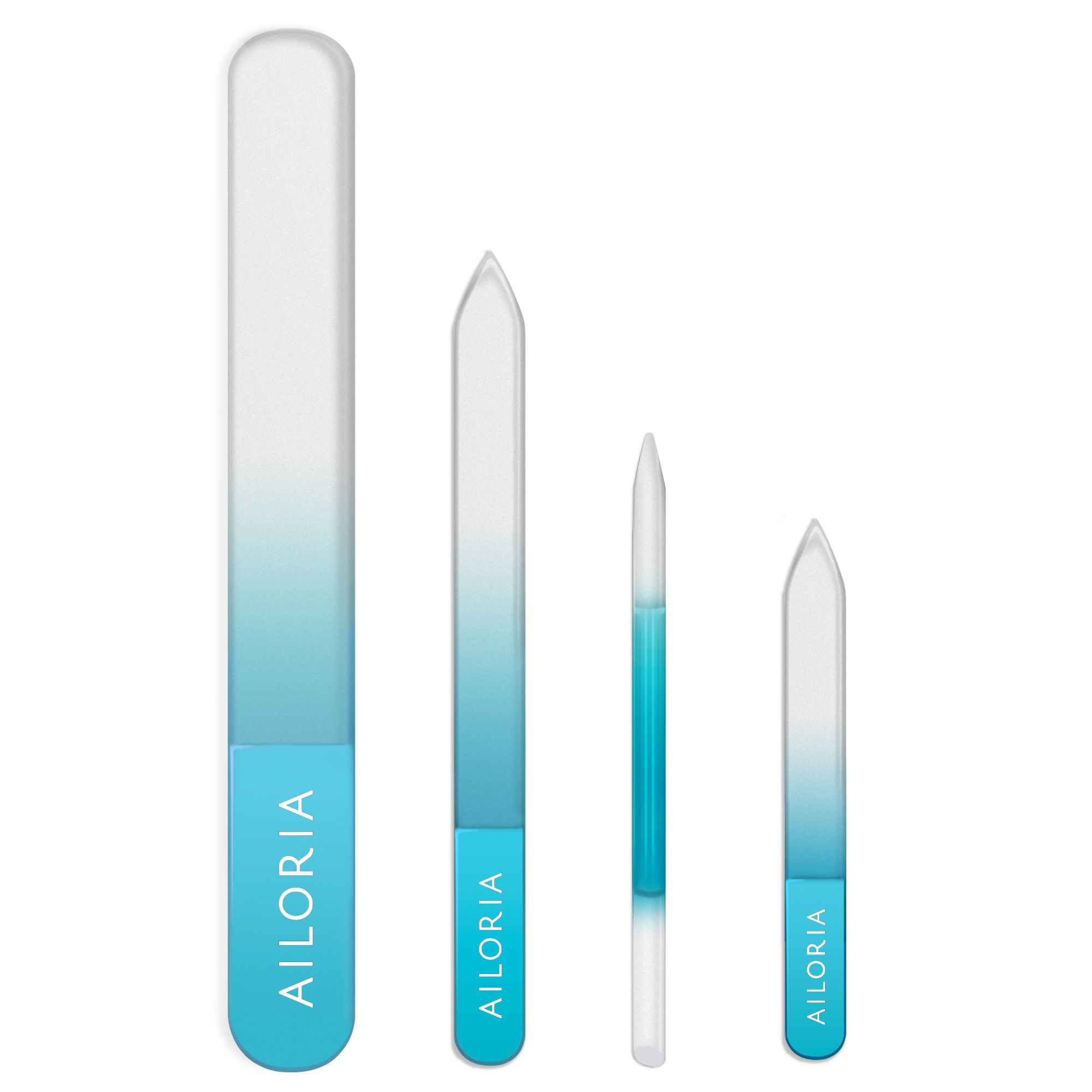 Quatre limes à ongles en verre de différentes formes et tailles. Les limes sont bleues et blanches et portent le nom de marque AILORIA.