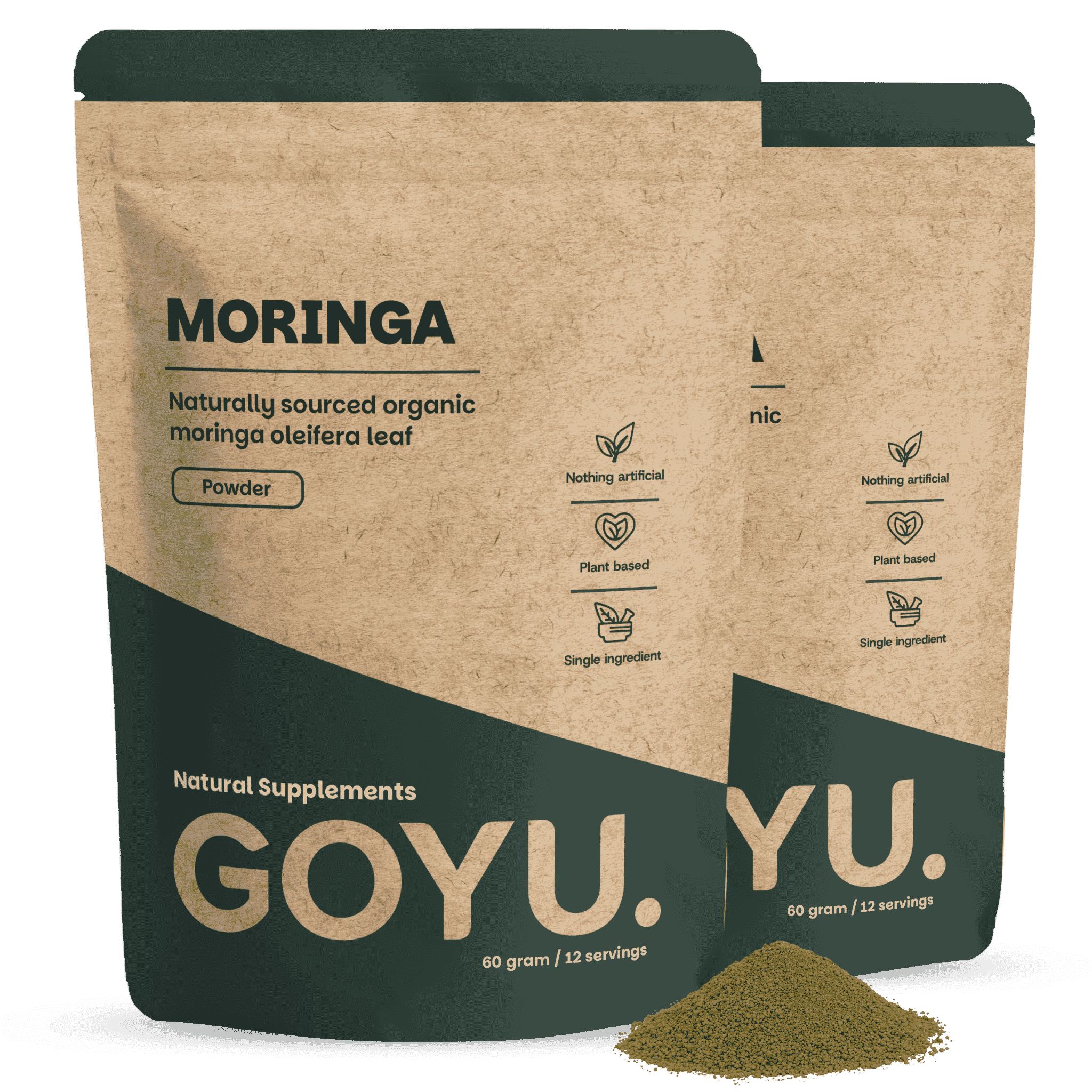 Twee pakken Moringa poeder, waarvan één licht geopend, met een kleine hoop poeder ervoor.