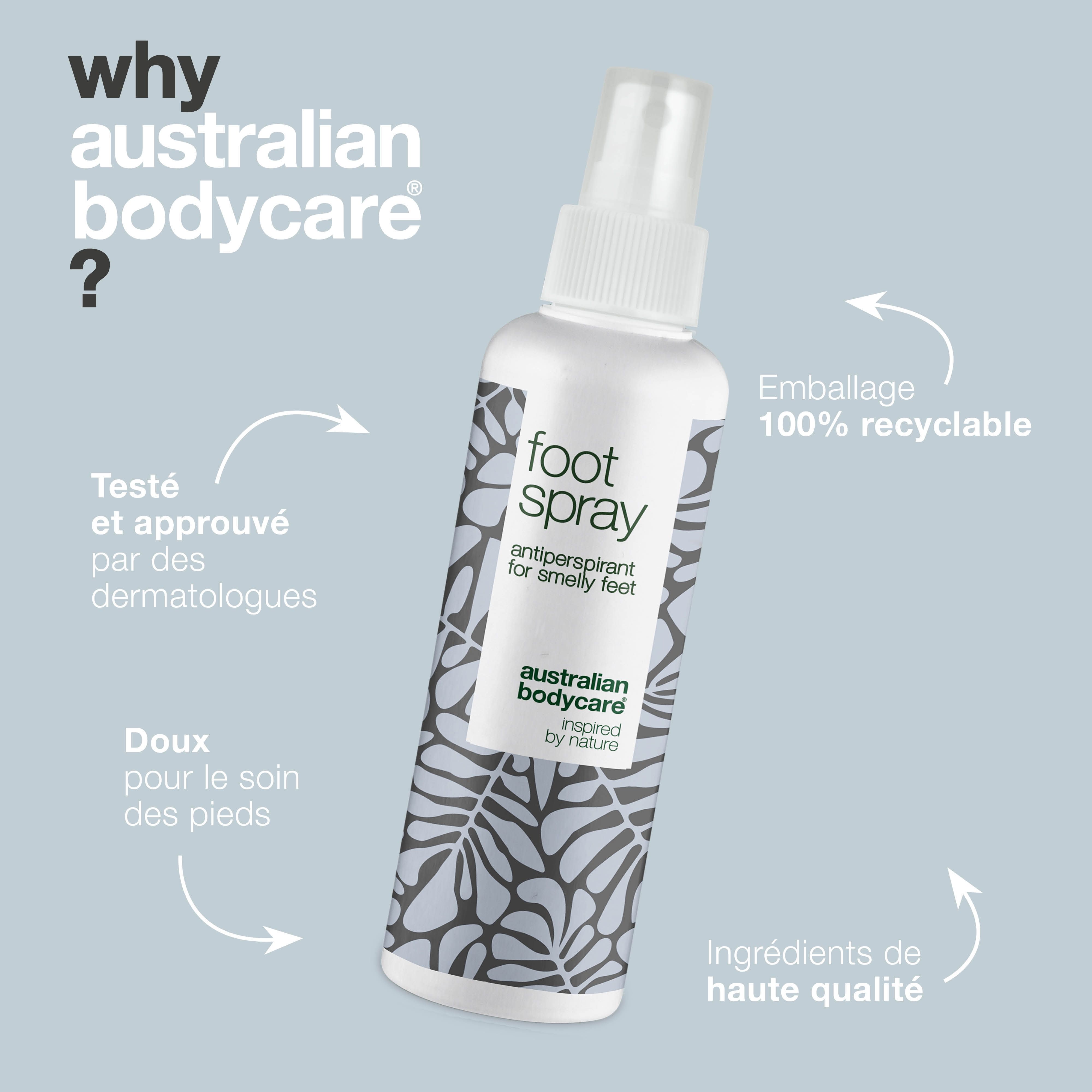 Flacon de spray pour les pieds. Texte : Testé et approuvé par des dermatologues, emballage 100% recyclable, Australian Bodycare.
