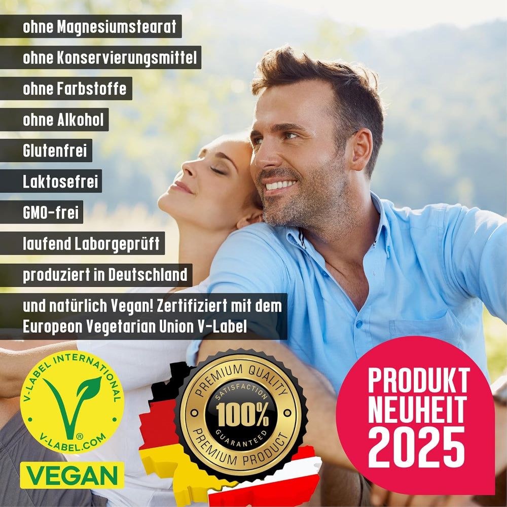 Lachend stel. Tekst: Zonder ingrediënten. Productnieuwigheid 2025. V-Label Vegan. Premium kwaliteit.