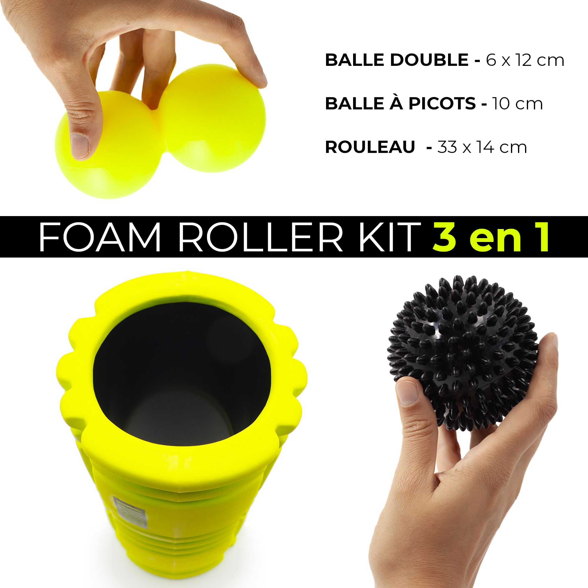 Aperçu du set : balle double jaune, balle à picots noire, rouleau jaune.