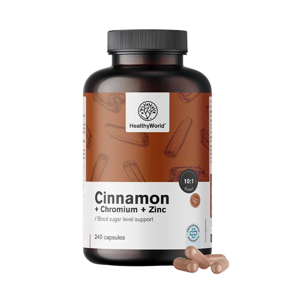 Bruine fles met capsules. Opschrift: Cinnamon + Chromium + Zinc, 240 capsules. Logo: HealthyWorld. Zegel.
