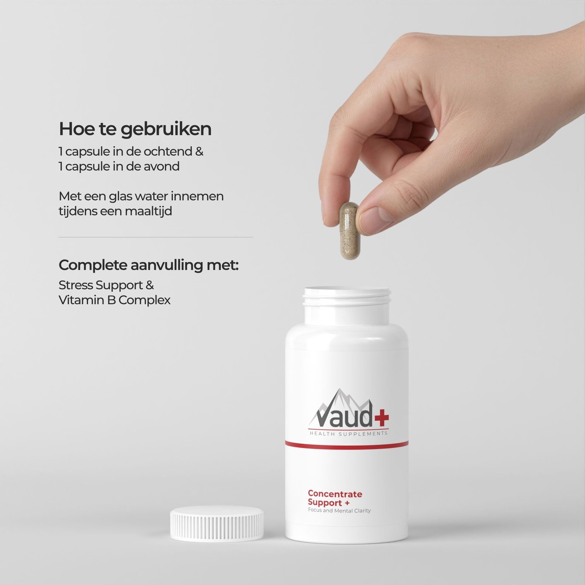 Hand die een capsule boven een witte fles met Vaud+ Health Supplements-logo houdt. Tekst: Hoe te gebruiken.
