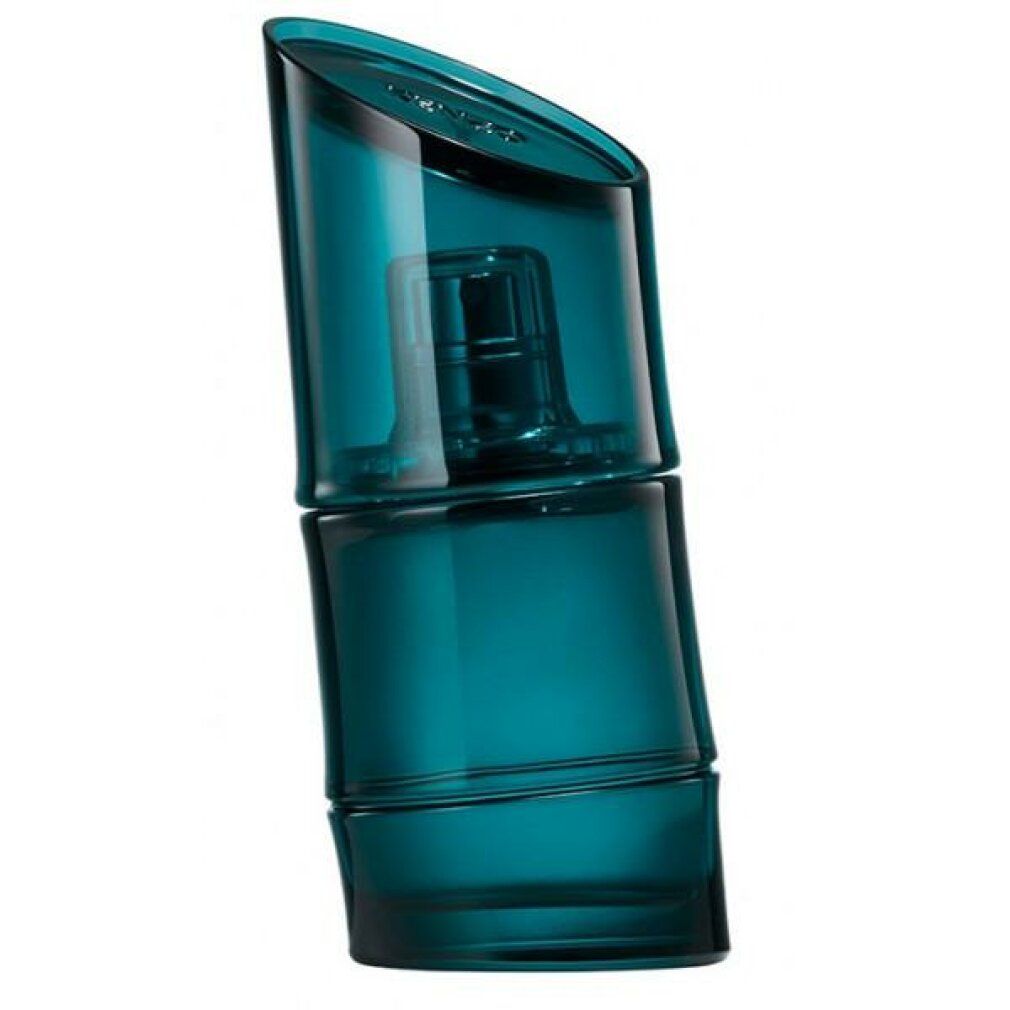 Flacon turquoise, design bambou, forme inclinée. Vaporisateur visible. Kenzo Homme Eau de Toilette.