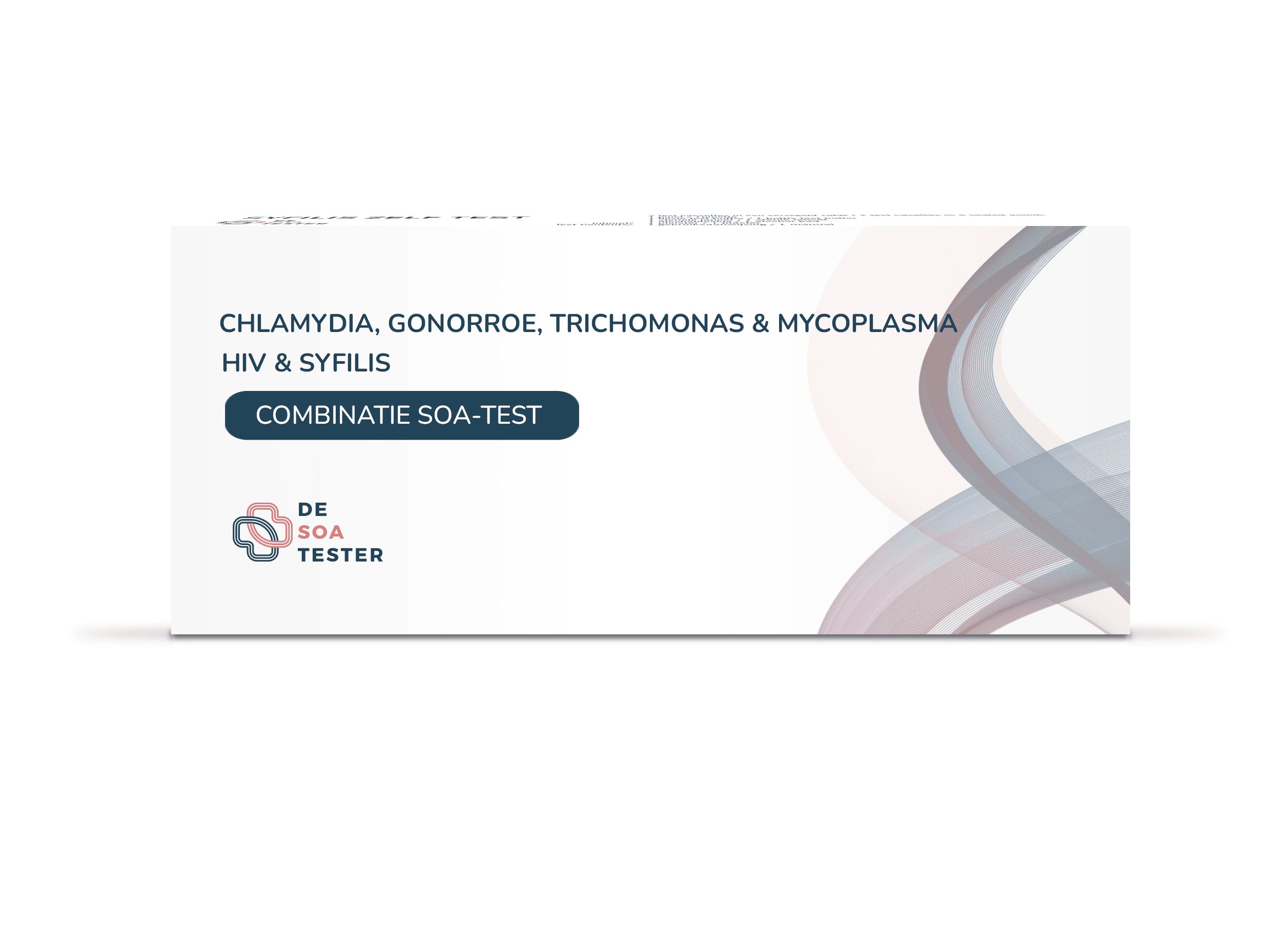 Boîte avec texte: Chlamydia, Gonorrhée, Trichomonas & Mycoplasma, VIH & Syphilis. Inscription: Kombinatie SOA-Test. Logo: De SOA Tester.