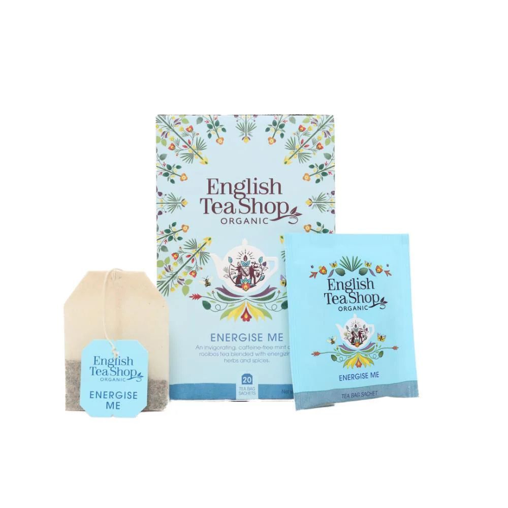 Theezakje, individuele verpakking en theedoos. Opschrift: English Tea Shop ORGANIC, ENERGISE ME, BIO.