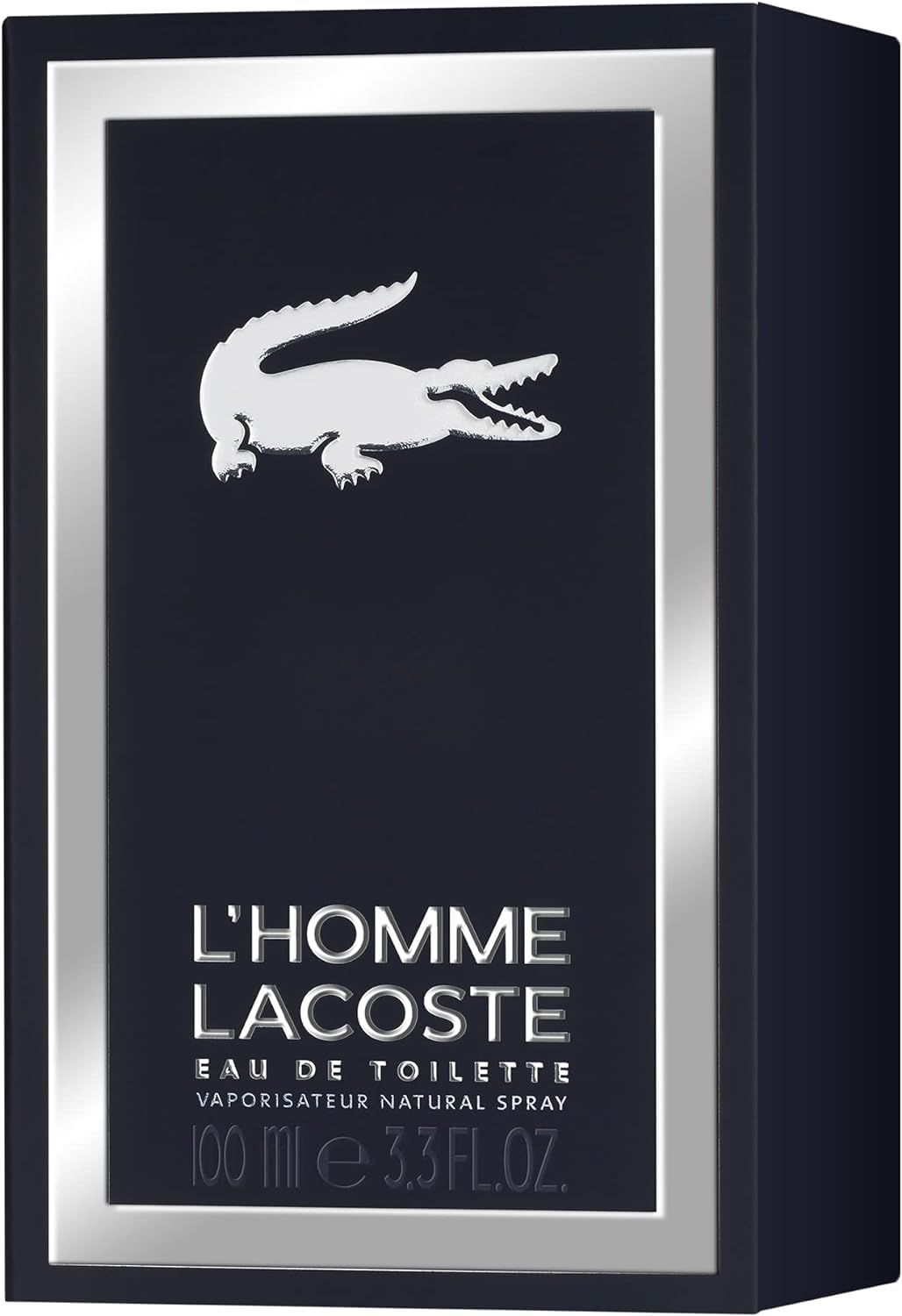 Zwarte verpakking van L'Homme Lacoste. Zilveren kader, wit krokodillenlogo. Tekst: L'HOMME LACOSTE, Eau de Toilette.
