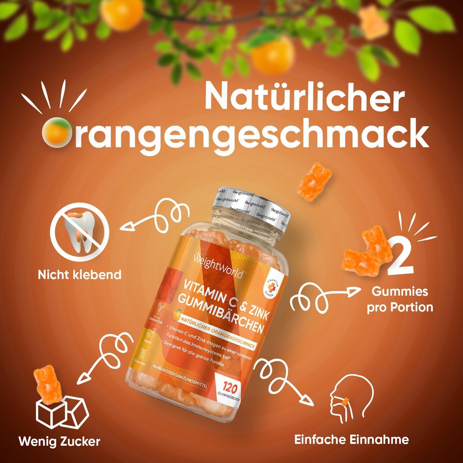 WeightWorld Vitamine C & Zink Gummibärchen fles met pijlen en iconen. Tekst: Natuurlijke sinaasappelsmaak. 120 gummies.