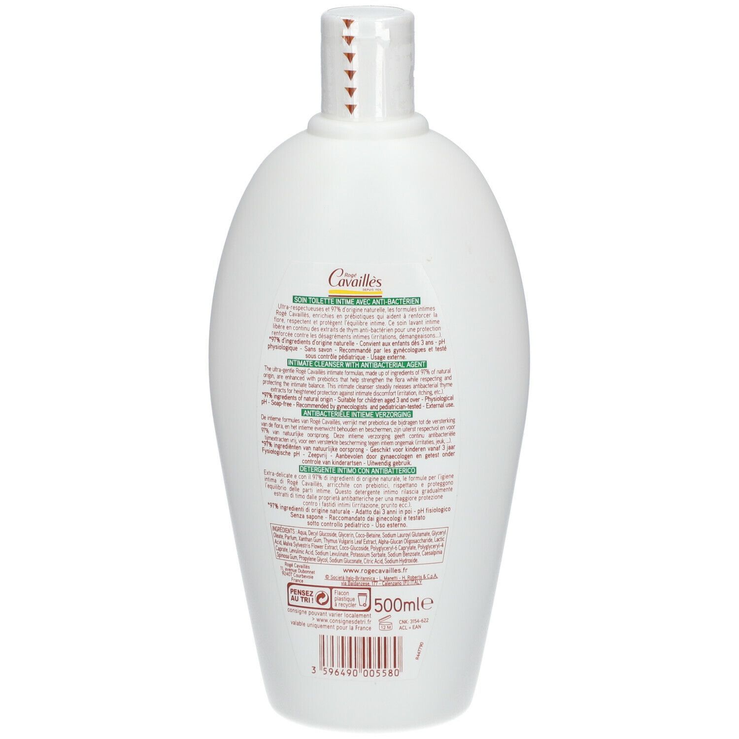 Achterkant van een witte fles. Tekst: Rogé Cavaillès, intieme waslotion met antibacteriële middelen. Ingrediënten, gebruiksaanwijzing.