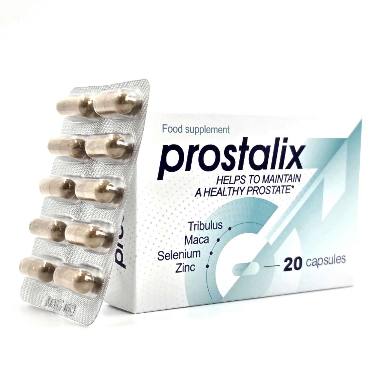 Emballage Prostalix et plaquette de 10 des 20 gélules. Contient Tribulus, Maca, Sélénium, Zinc.