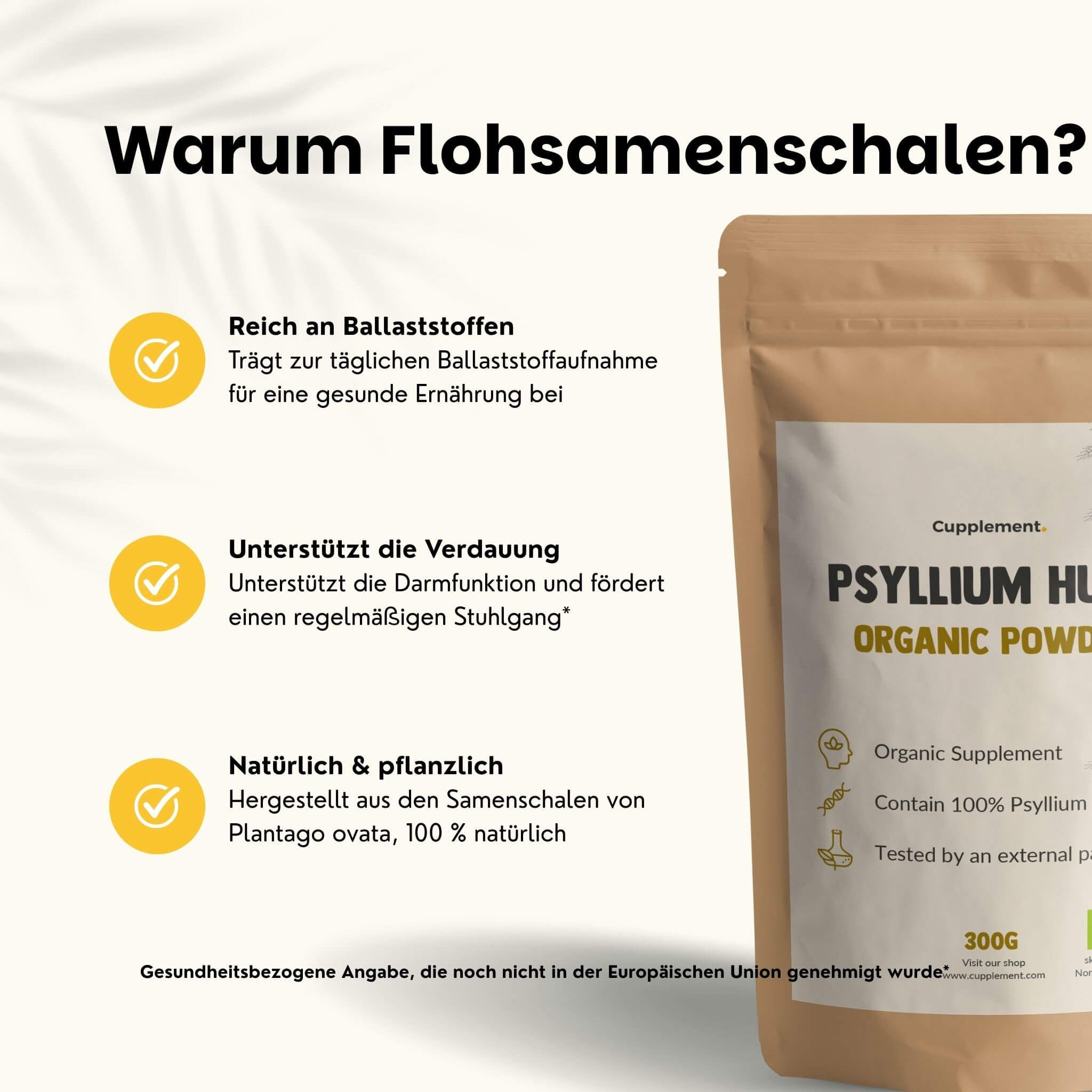 Bruine papieren zak met biologisch psylliumvezelpoeder. Bevat 300g. Etiket: 'Organic Supplement', 'Contain 100% Psyllium'.