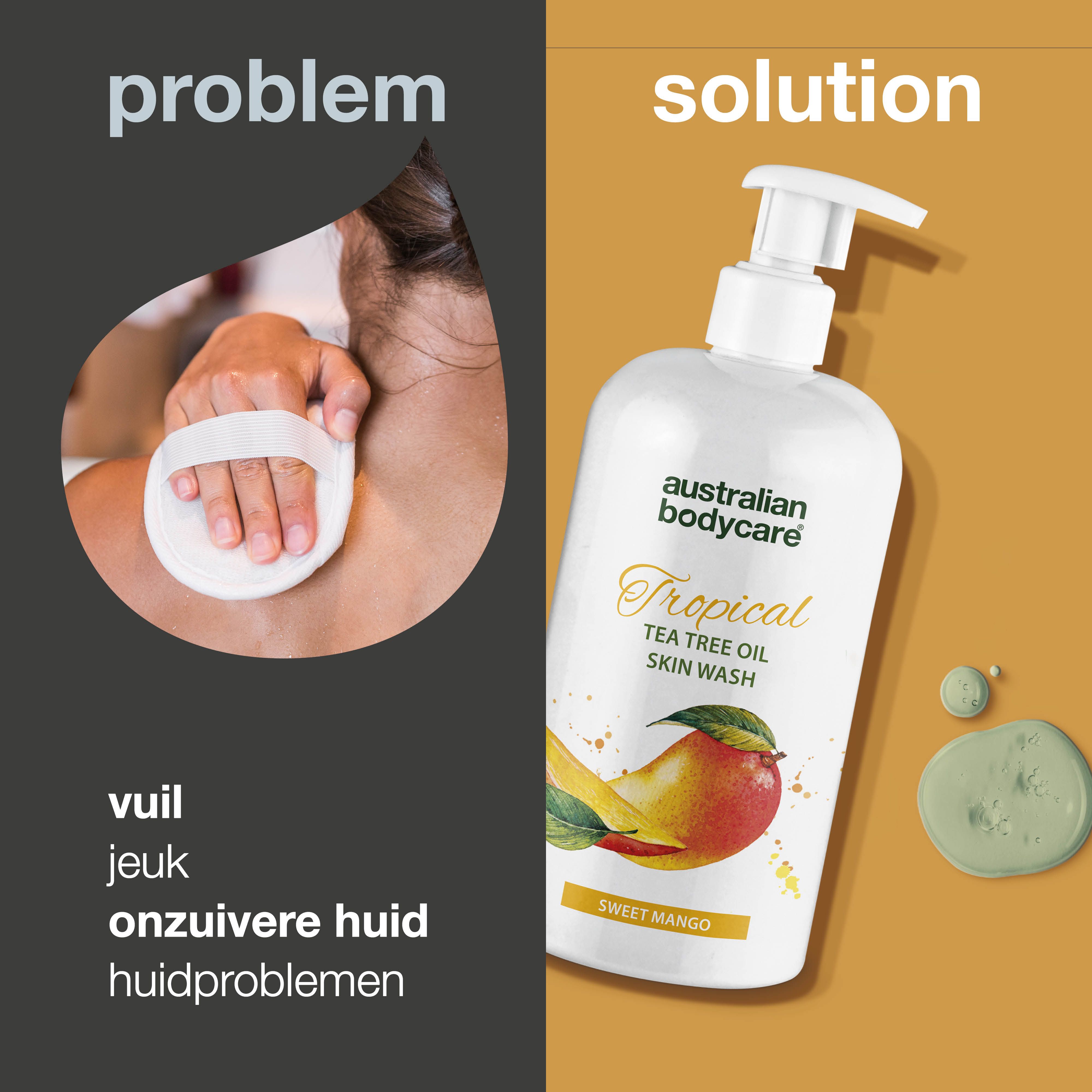 Persoon reinigt rug met spons. Rechts: productfles. Tekst: Probleem, Oplossing, Australian Bodycare, Tropical, Sweet Mango.